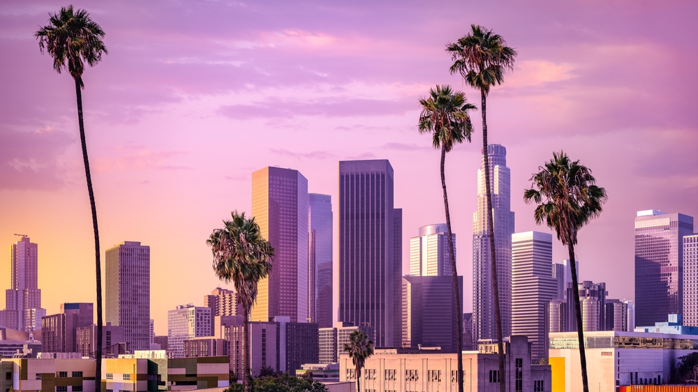 the skyline of los angeles during sunset