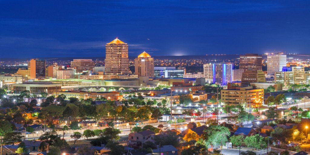 Albuquerque, New Mexico, USA downtown cityscape at night.