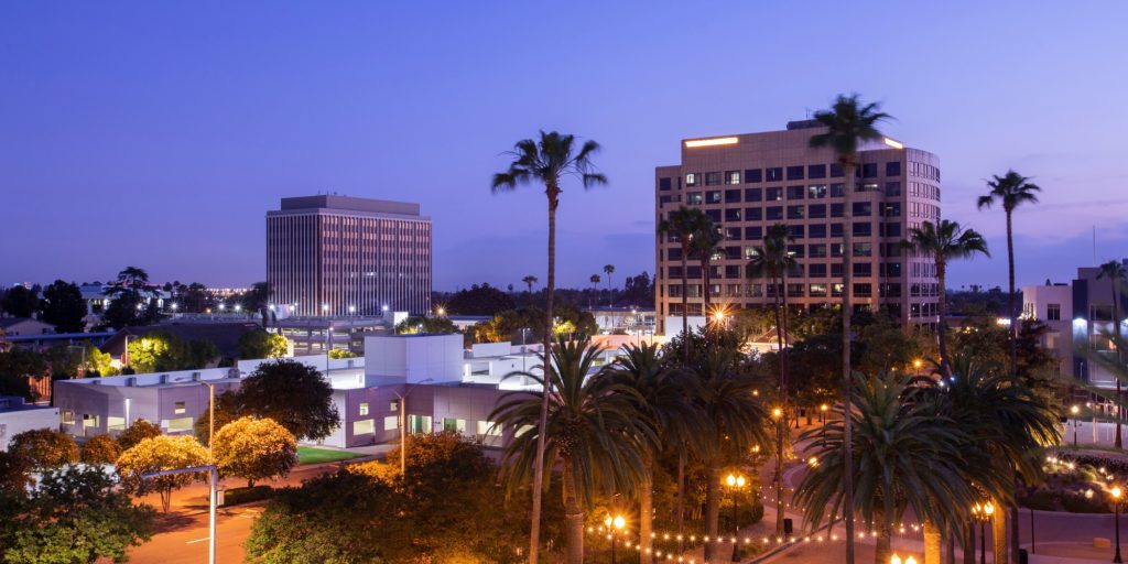 Twilight palm tree framing the skyline of downtown Anaheim, California, USA.