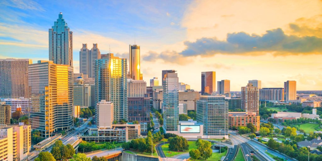 Skyline of Atlanta city at sunset in Georgia, USA