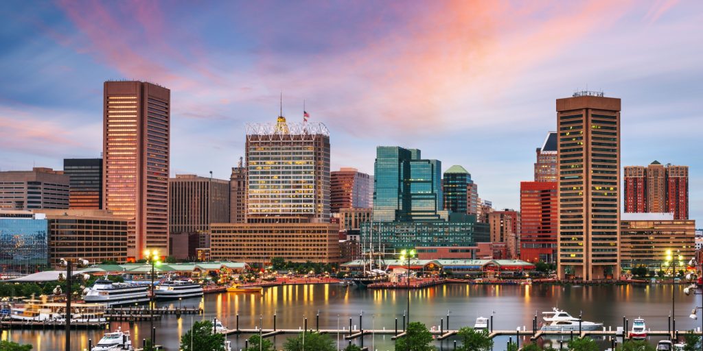 Baltimore, Maryland, USA Skyline on the Inner Harbor at dusk.