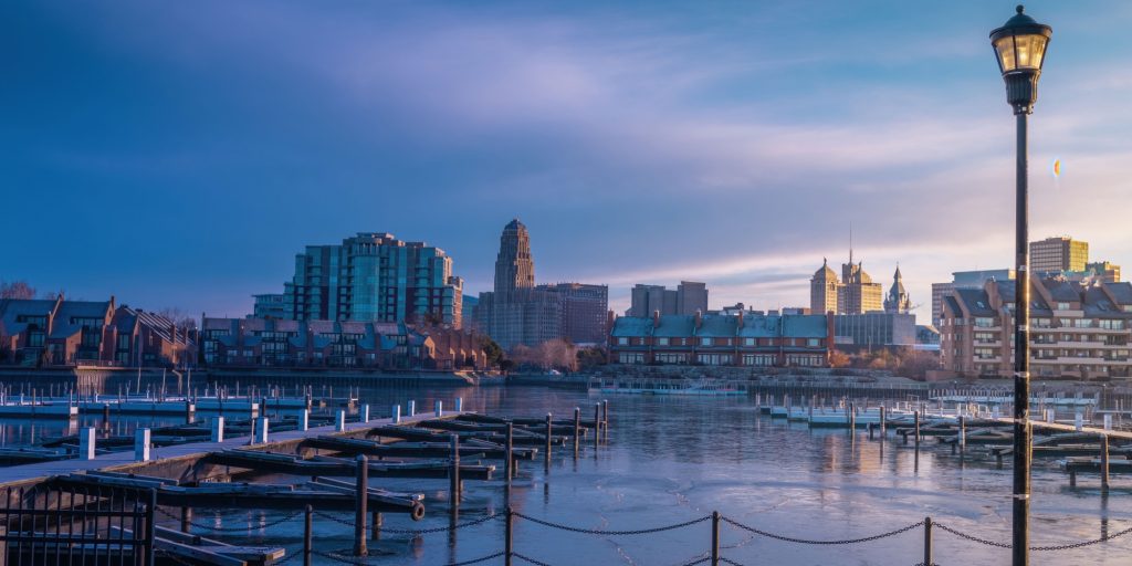 January 9th, 2021 -Buffalo NY USA: Buffalo cityscape view at early cold morning from erie basin marina.