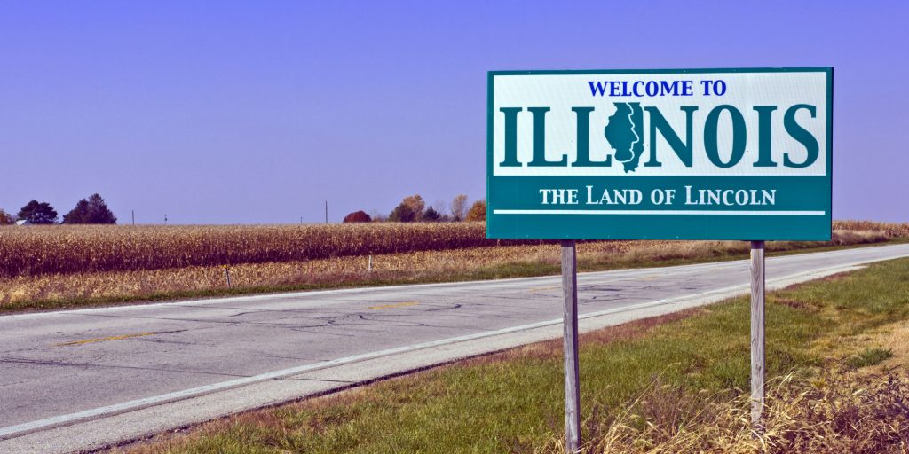 A welcome sign at the Illinois state line.