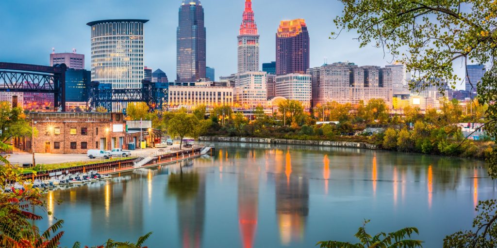 Cleveland, Ohio, USA skyline on the river.