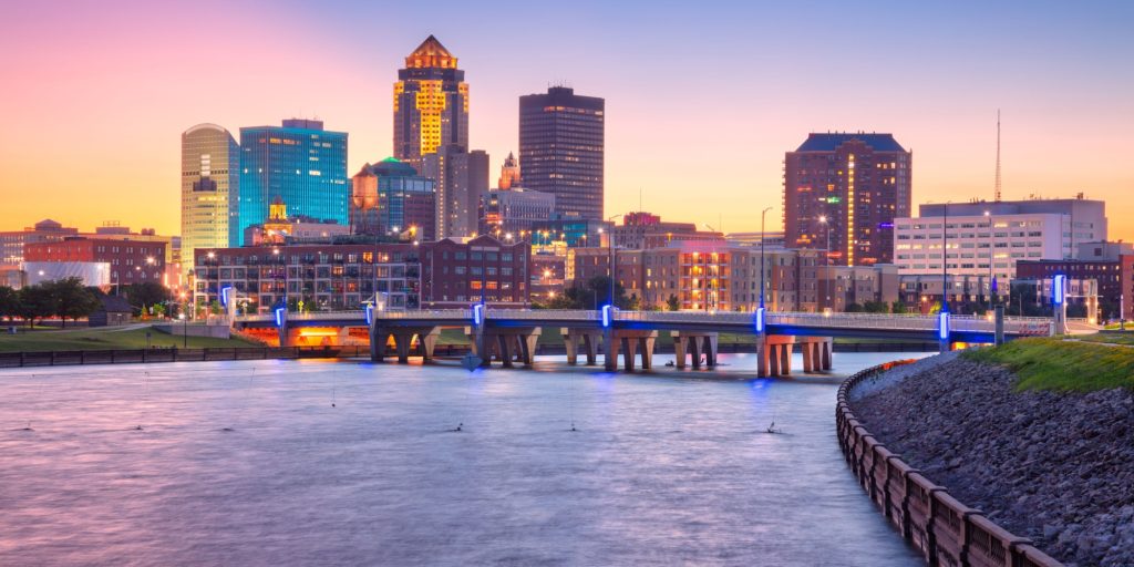 Des Moines, Iowa, USA. Cityscape image of Des Moines skyline, Iowa, USA at summer sunset.