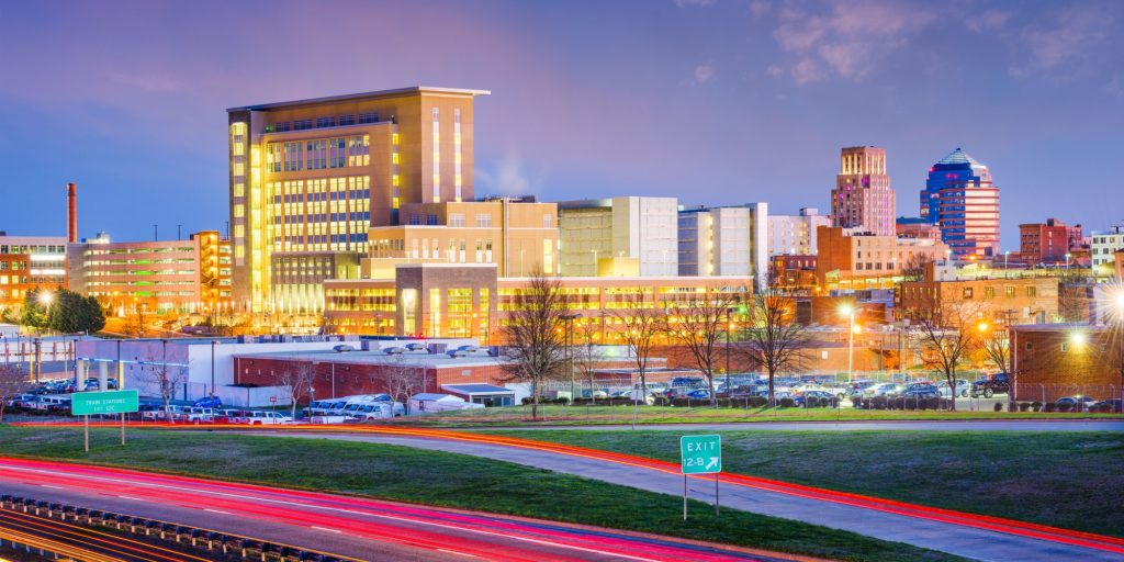 Durham, North Carolina, USA downtown city skyline.