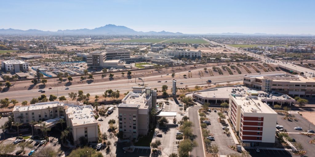 Aerial view of downtown Gilbert, Arizona, USA.