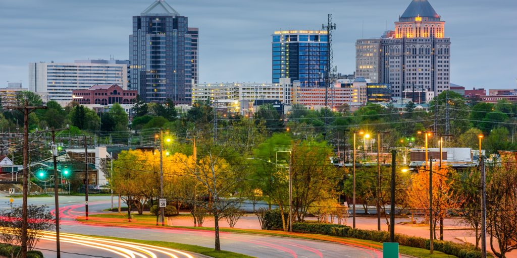 Greensboro, North Carolina, USA downtown skyline.