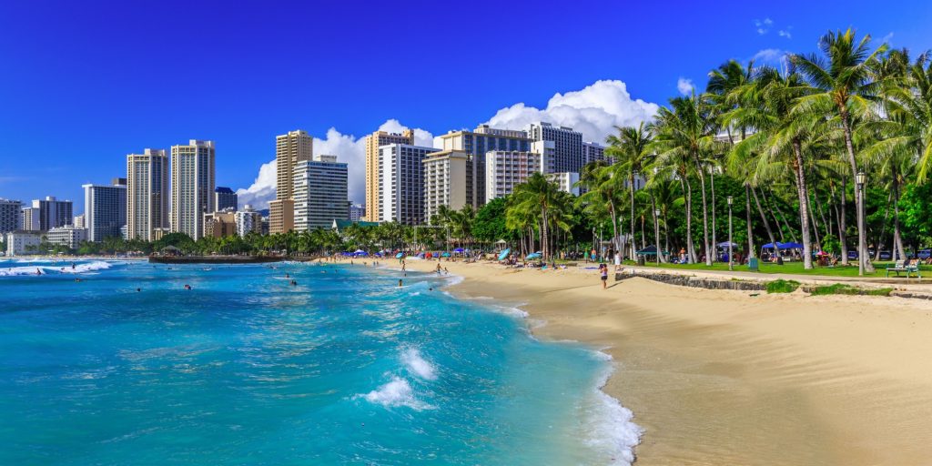 Honolulu, Hawaii. Waikiki beach and Honolulu's skyline.