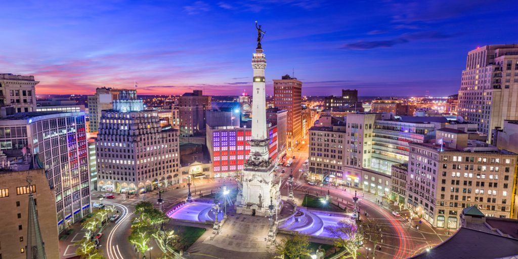 Indianapolis, Indiana, USA skyline over Monument Circle.