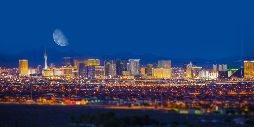 Las Vegas Strip and the Moon. Las Vegas Panorama at Night. Nevada, United States.