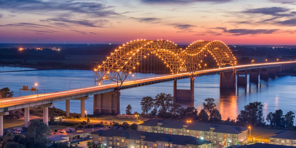 Memphis, Tennessee, USA at Hernando de Soto Bridge at dusk.