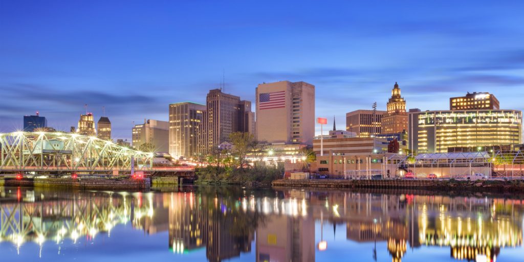 Newark, New Jersey, USA skyline on the Passaic River.