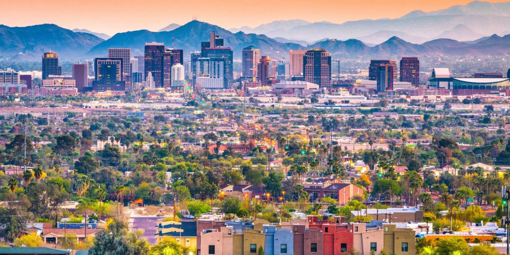 Phoenix, Arizona, USA downtown cityscape at dusk.