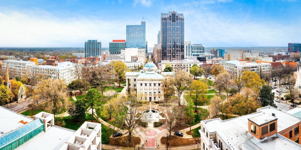 Drone panorama of the North Carolina State Capitol and Raleigh skyline