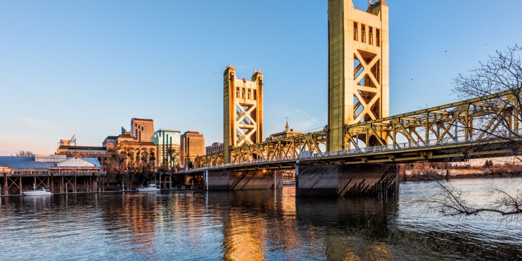 Gold Tower Bridge in Sacramento California during blue sunset with downtown and goose on floating log