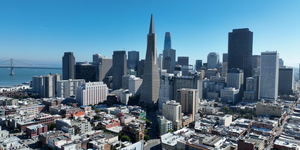 Skyline City At San Francisco In California United States. Megalopolis Downtown Cityscape. Business Travel. Skyline City At San Francisco In California United States.