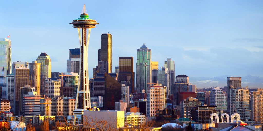 Sunset view of Seattle skyline, WA, USA