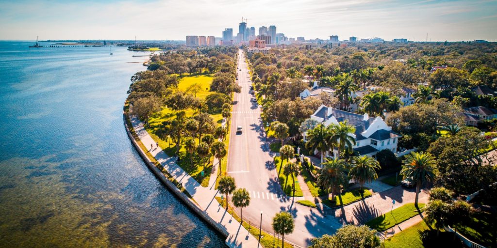 The scenic road where ocean meets city view to Downtown Saint Petersburg, Florida.